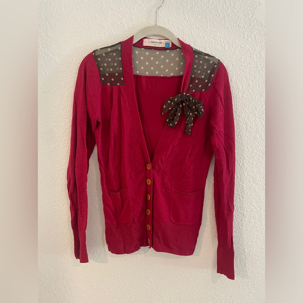 Anthropologie Sparrow Berry Long-Sleeved Cardigan with Silk Shoulder/Tie detail